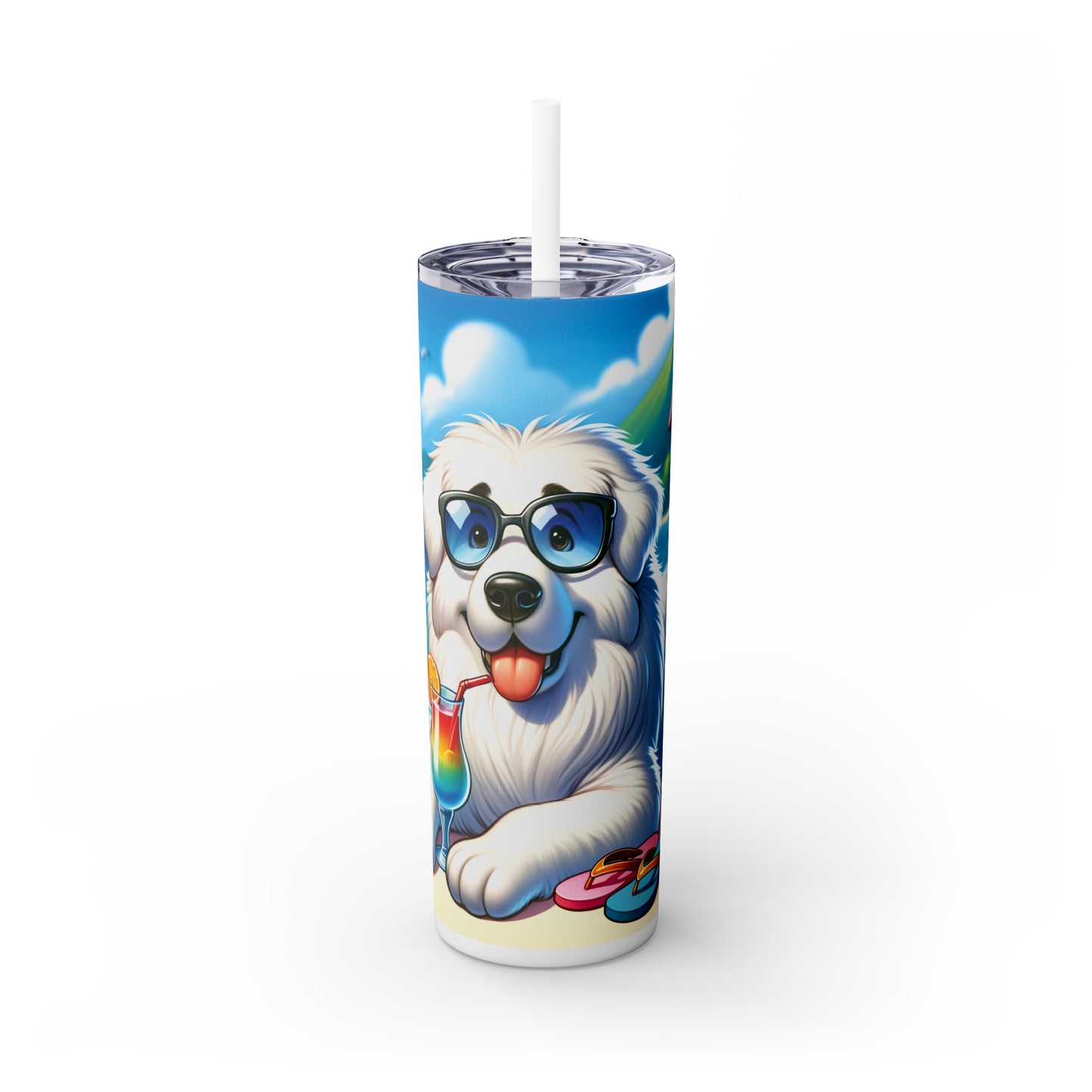 Skinny Tumbler with Straw, 20oz, Dog on Beach, Great Pyrenees, awd-1214