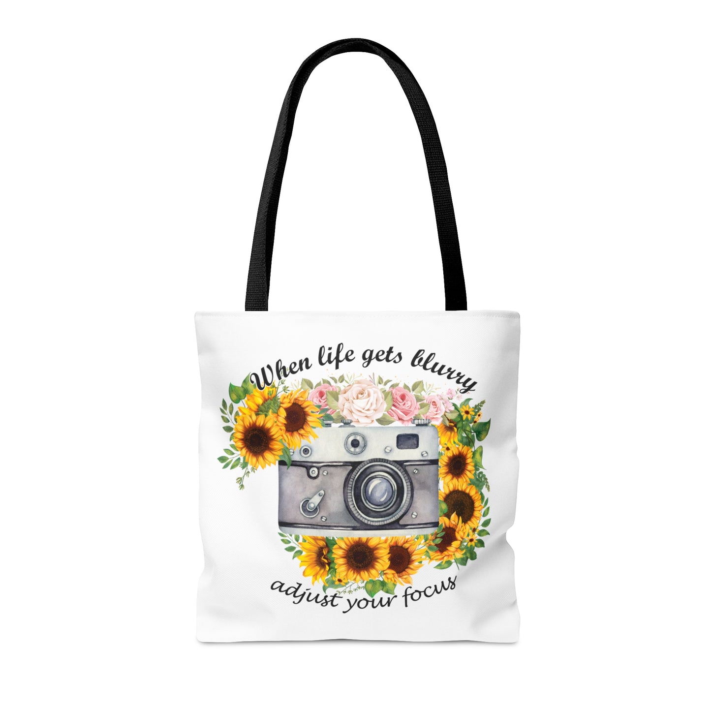 Personalised/Non-Personalised Tote Bag, Sunflower, Camera, When Life gets Blurry adjust your Focus, Tote bag