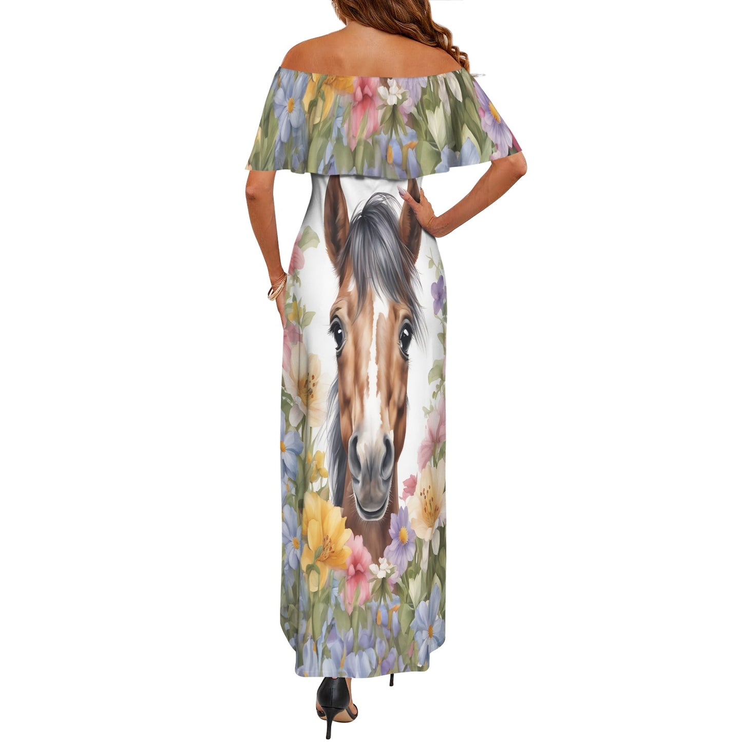Horse awd305 Women's Off Shoulder Ruffle Boat Neck Dress (Model D71)