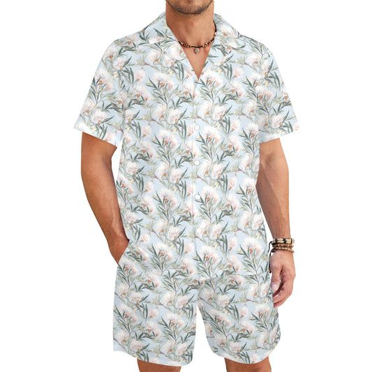 Men's Shirt & Shorts Set Boho Australian Flowers Blue Men's Shirt and Shorts Outfit (Set26)