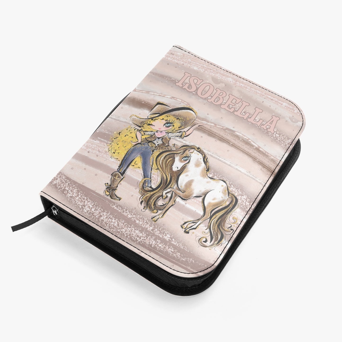 Book Cover, Bible Cover, Howdy, Cowgirl and Horse, Blonde Curly Hair, Blue Eyes