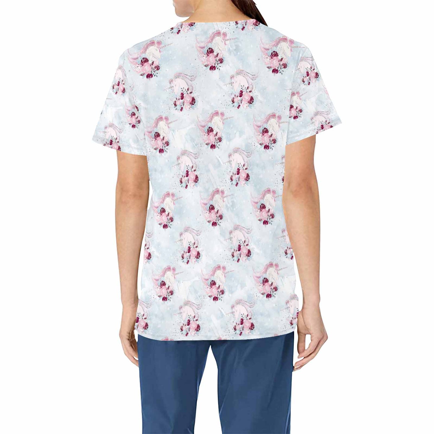 Unicorn Roses  Women's V Neck Scrub Top Nurse Uniform with Deep Front Pockets