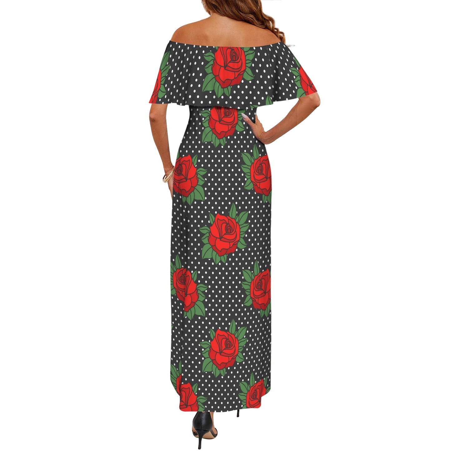 Rockabilly Roses- Red Black White Women's Off Shoulder Ruffle Boat Neck Dress (Model D71)