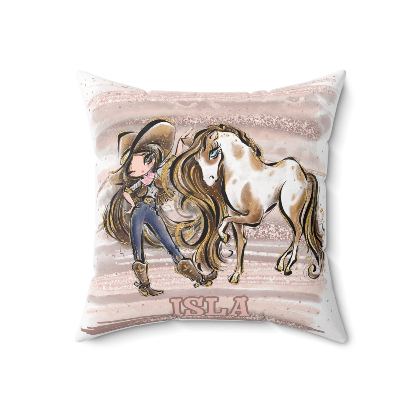 Personalised Cowgirl and Horse Cushion,  Brown Hair, Brown Eyes, Polyester Square Cushion, Christmas cushion