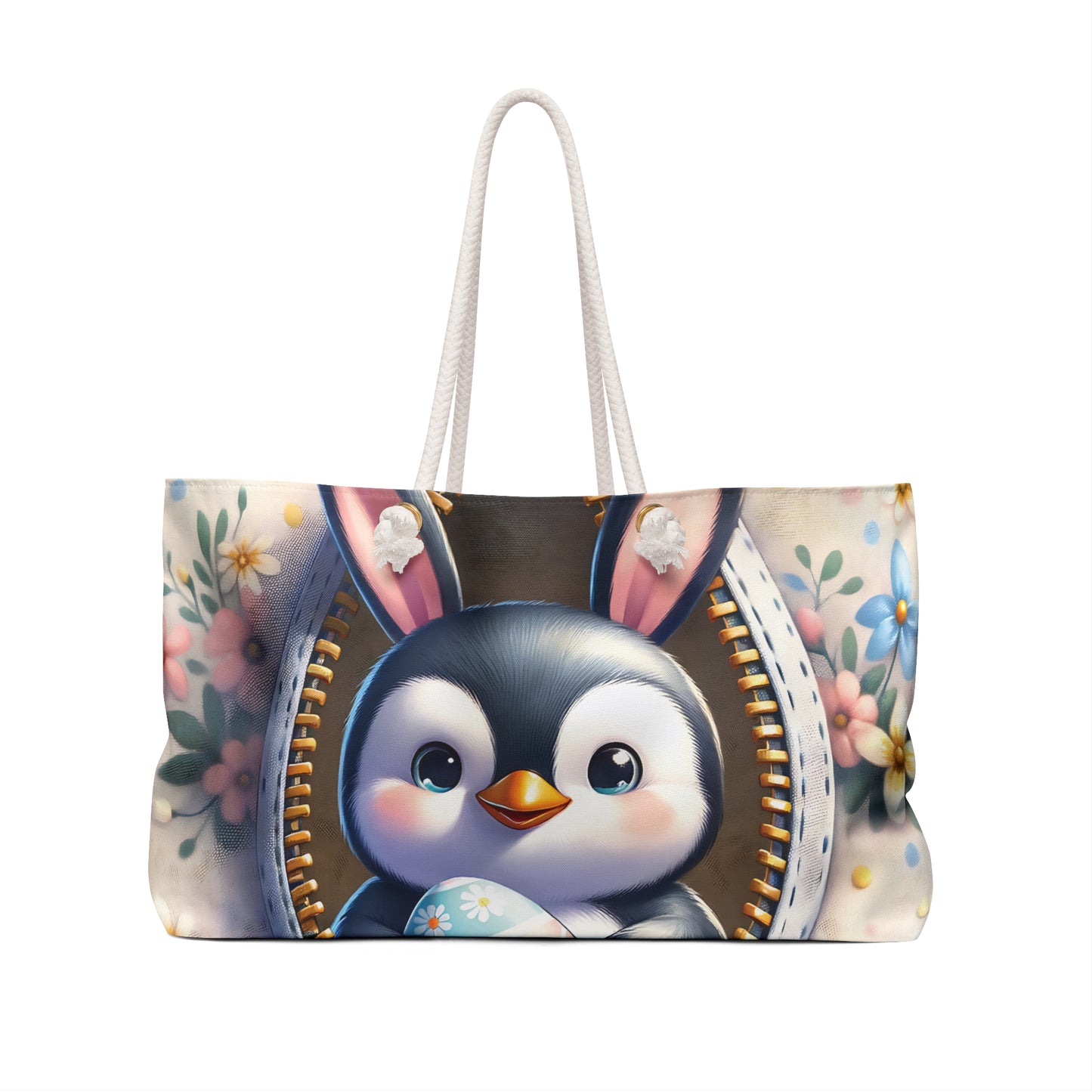 Personalised/Non-Personalised Weekender Bag, Easter, Cute Penguin with Bunny Ears, Large Weekender Bag, Beach Bag, Book Bag