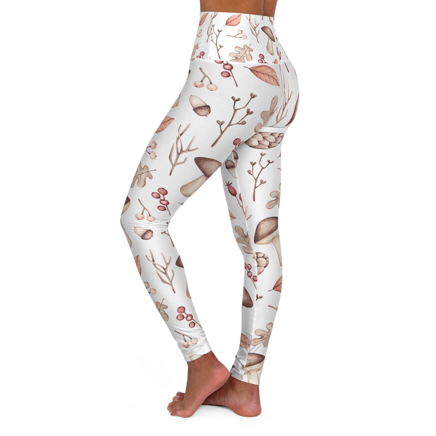 High Waisted Yoga Leggings, Mushroom and Acorn