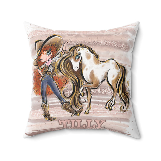 Personalised Cowgirl and Horse Cushion,  Red Curly Hair, Blue Eyes, Polyester Square Cushion, Christmas cushion