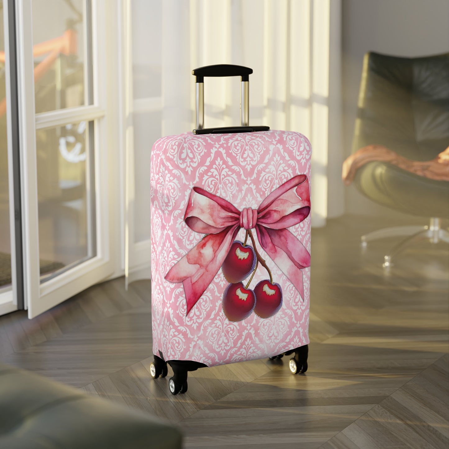 Luggage Cover, Rockabilly, Coquette, Pink Damask, Cherries and Ribbon, awd-2507