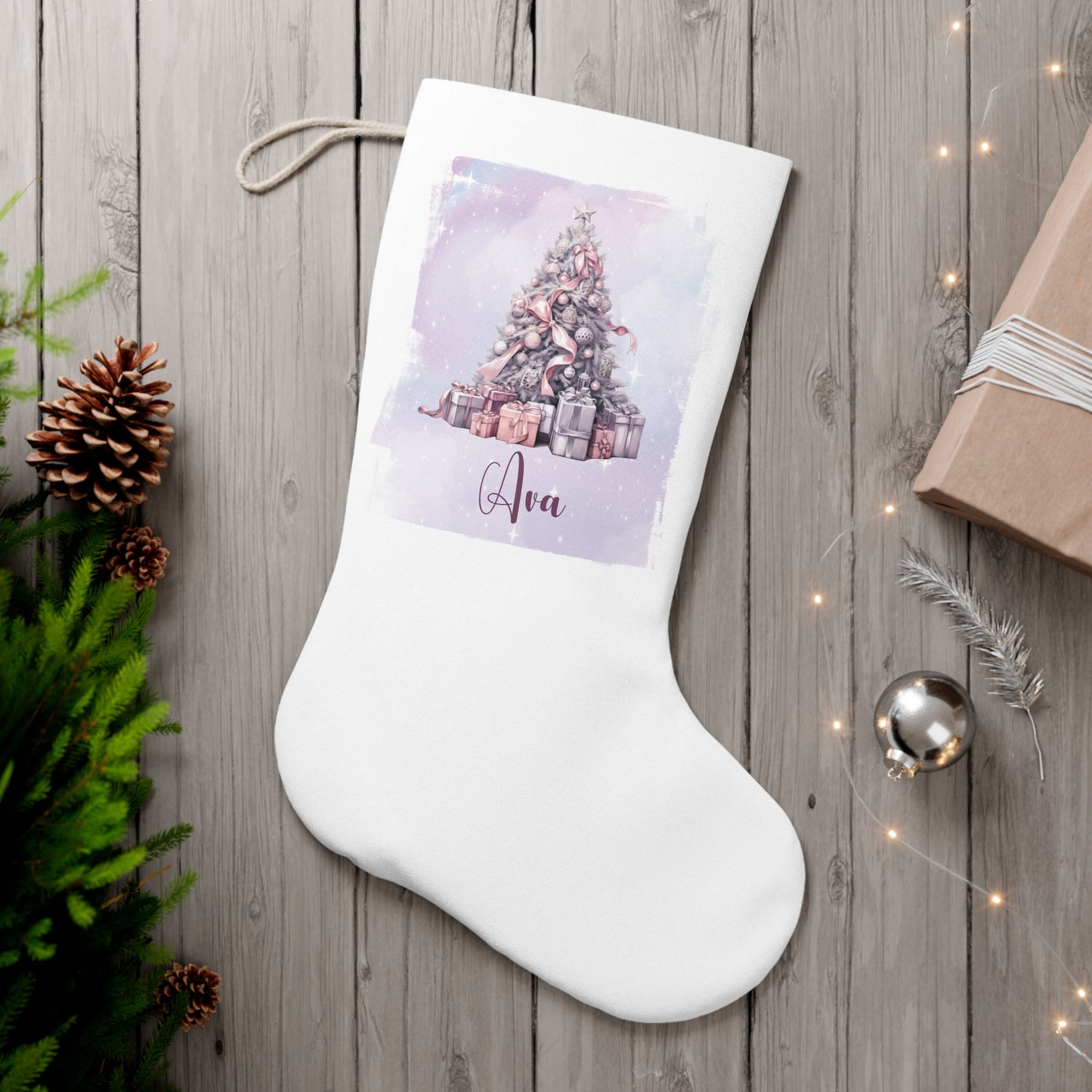 Personalised Santa Stocking, Purple Christmas Tree