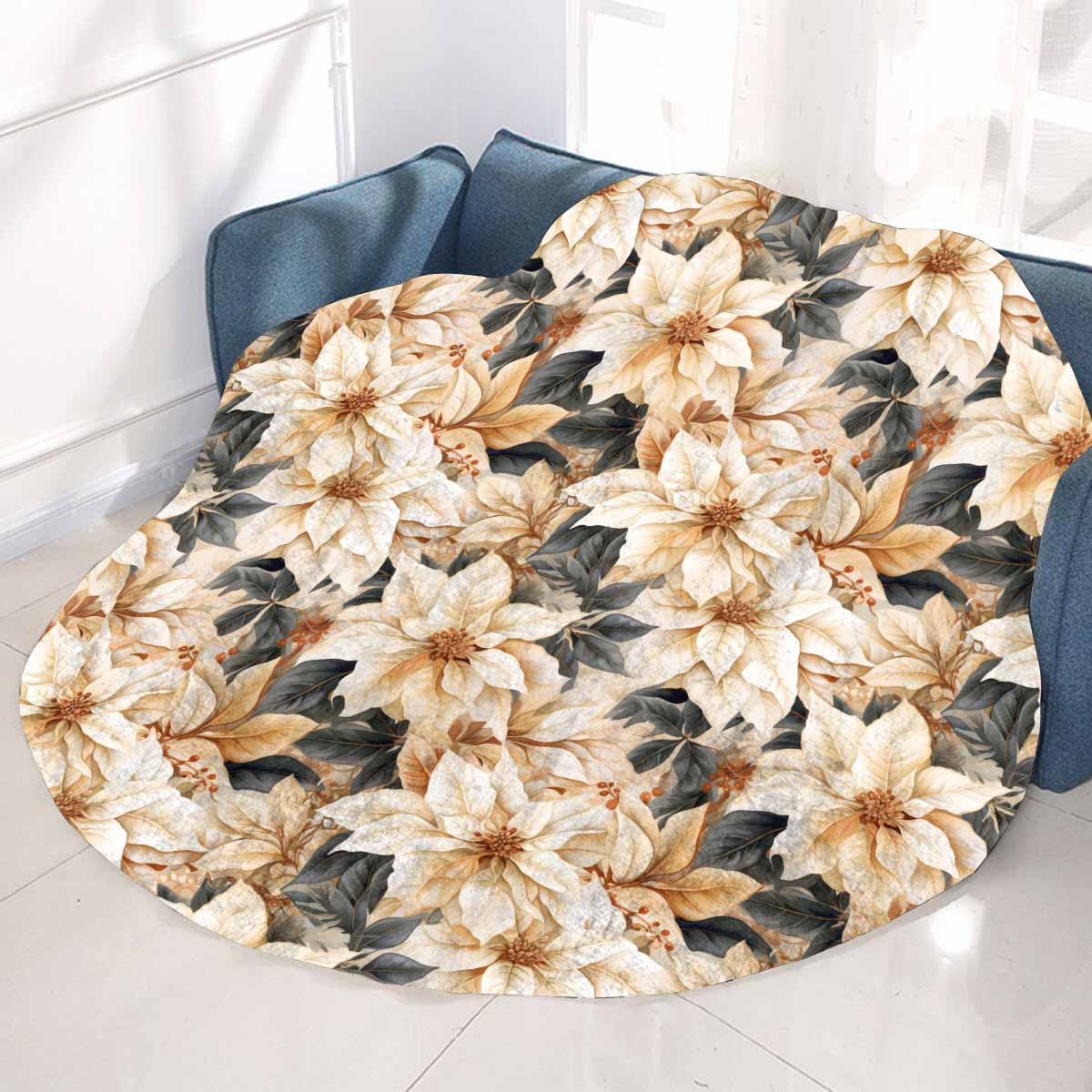 Cream Poinsettia2  Circular Micro Fleece Blanket 60"