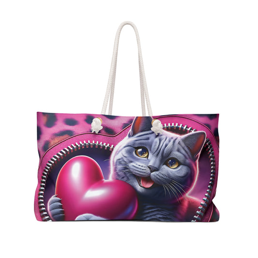 Personalised/Non-Personalised Weekender Bag, Cute Cat, Zipper, Valentines Day, Large Weekender Bag, Beach Bag, Book Bag