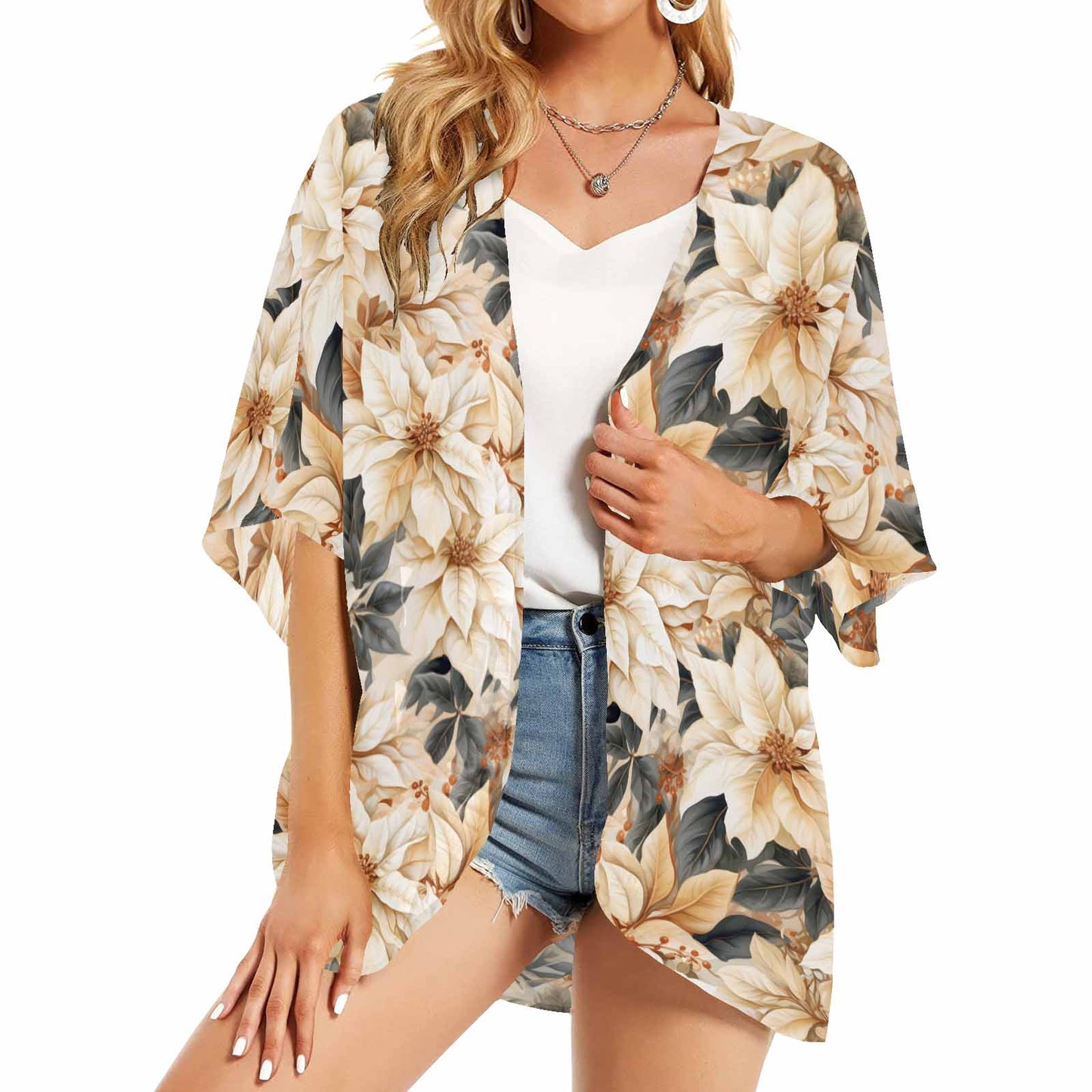 Cream Poinsettia2  Women's Kimono Chiffon Cover Up