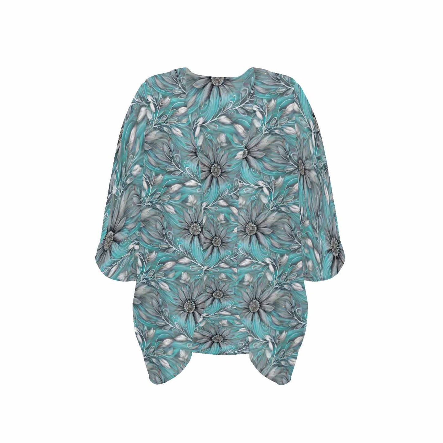 Green Elegant Floral Small Print Women's Kimono Chiffon Cover Up