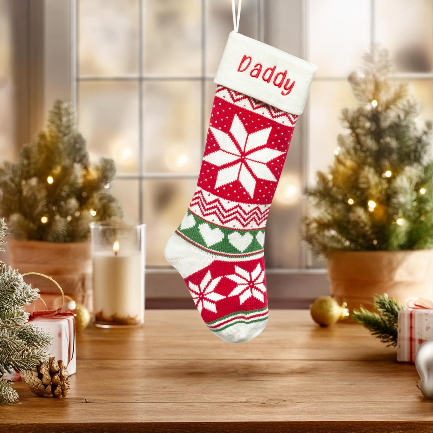 Classic Long Knitted Embroidered Christmas Stocking