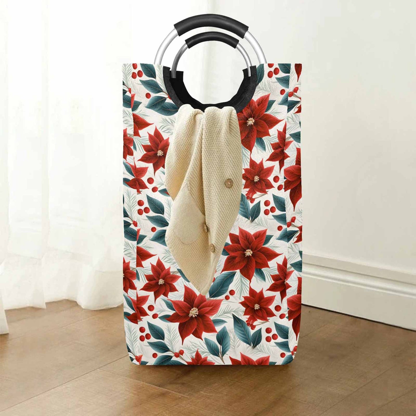 Christmas Red Poinsettia  Square Laundry Basket