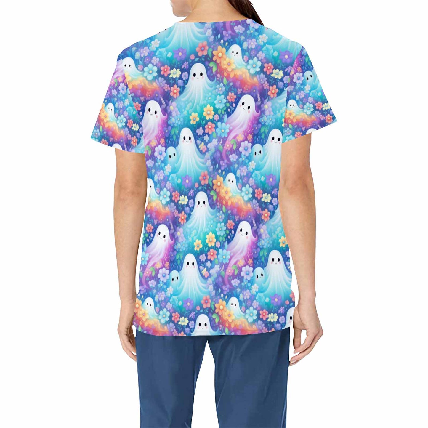 Pastel Floral Halloween Ghost  Women's V Neck Scrub Top Nurse Uniform with Deep Front Pockets