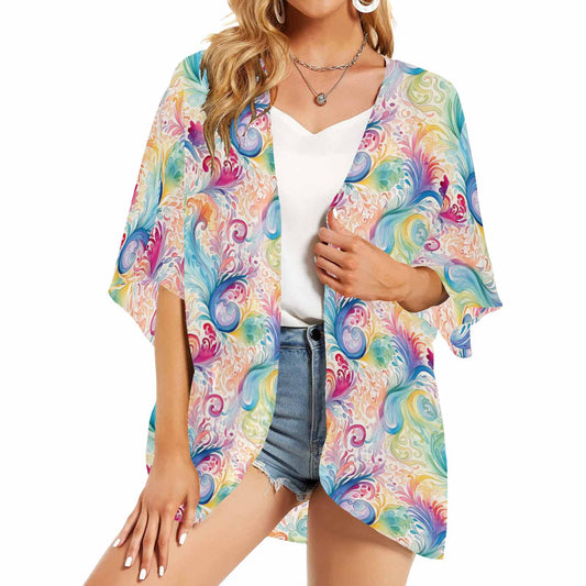 Pastel Rainbow Paisley  Women's Kimono Chiffon Cover Up