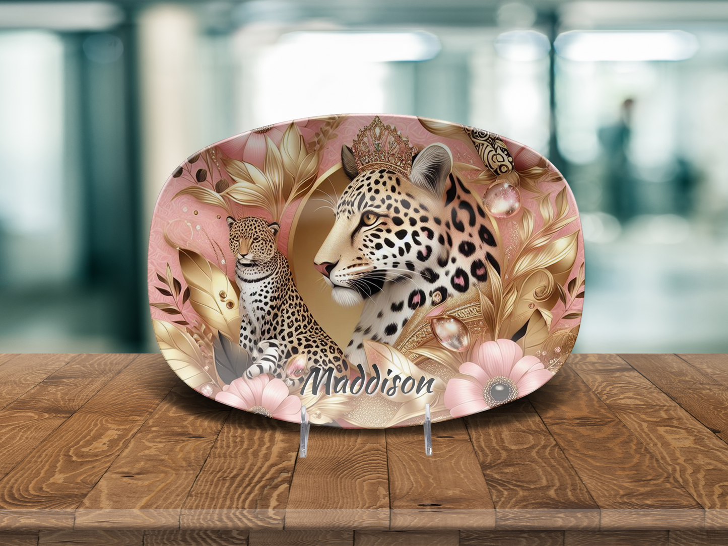 Personalized Leopard Print Platter, Pink Gold Home Decor, Unique Plates for Gifts, Microwave Safe Dining, Dishwasher Safe Tableware
