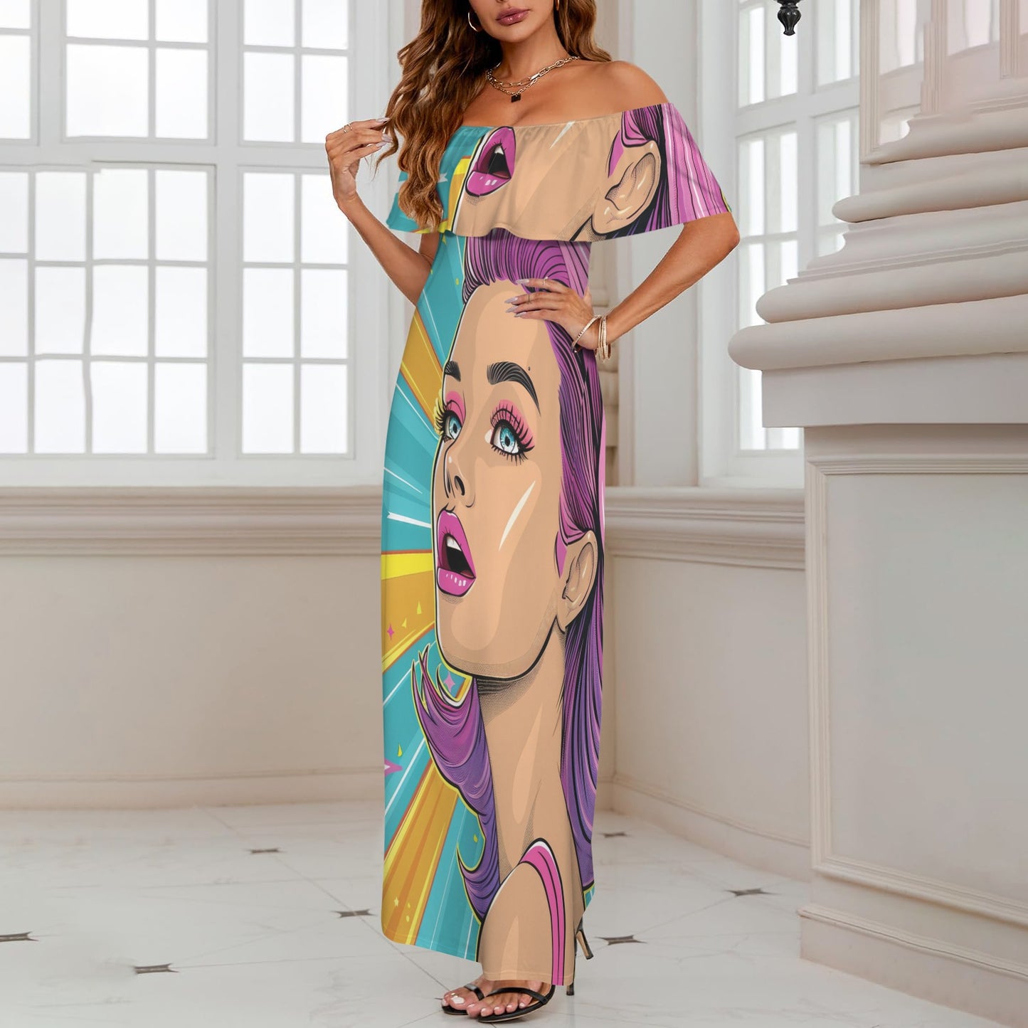 Pop art awd710 Women's Off Shoulder Ruffle Boat Neck Dress (Model D71)