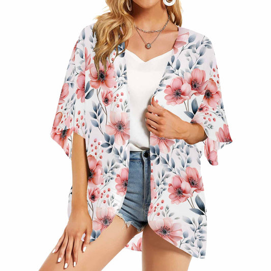 Apricot and Grey Floral  Women's Kimono Chiffon Cover Up