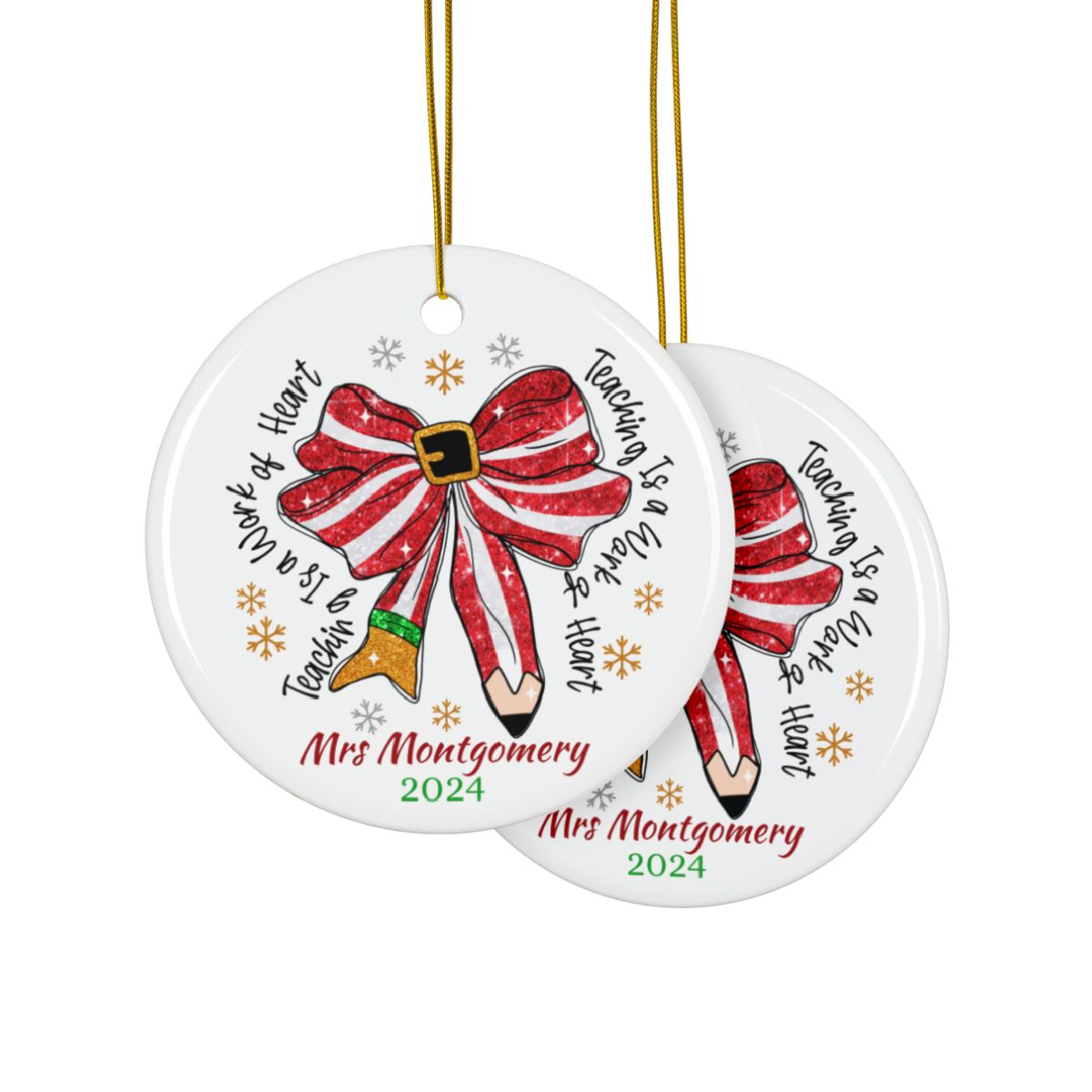 Christmas Teacher Bow Personalised Ceramic Ornament