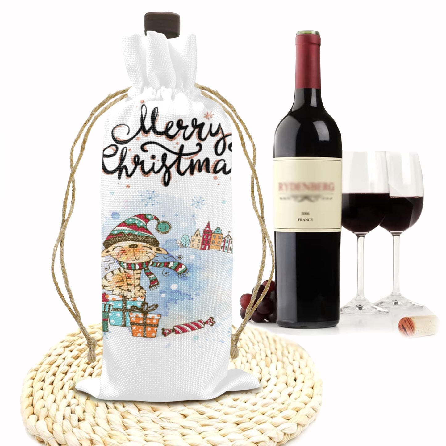 Merry-Xmas Cat Whimsical Christmas Linen Wine Bottle Bag