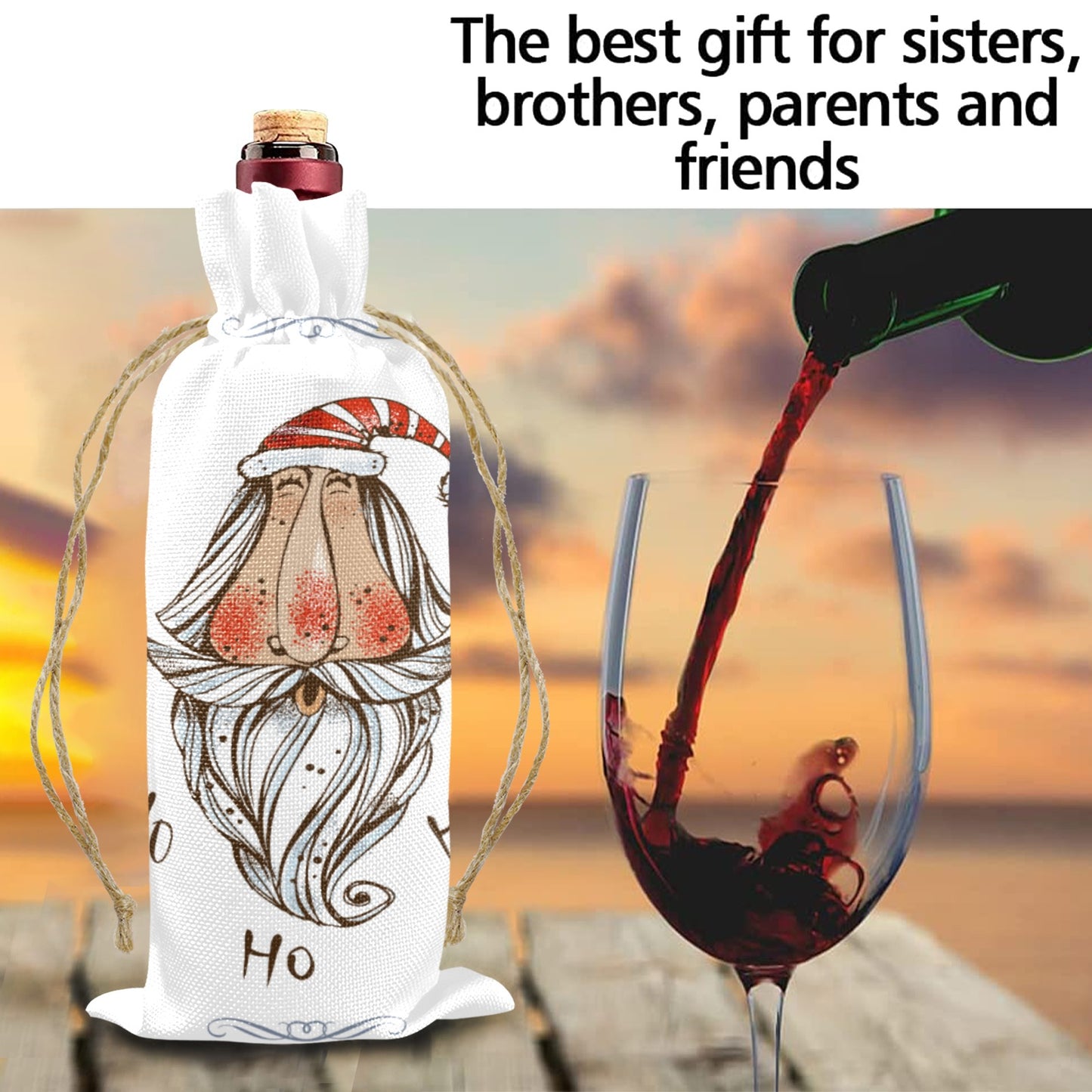 Whimsical Santa Linen Wine Bottle Bag