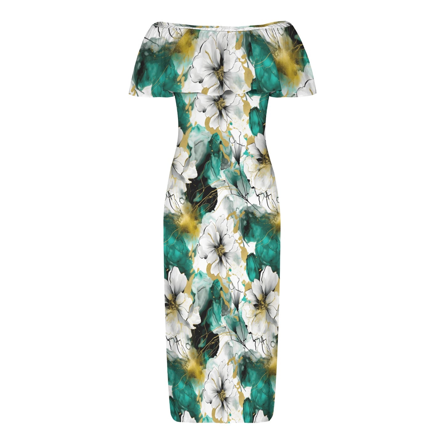 Green and White Ink Floral Women's Off Shoulder Ruffle Boat Neck Dress (Model D71)