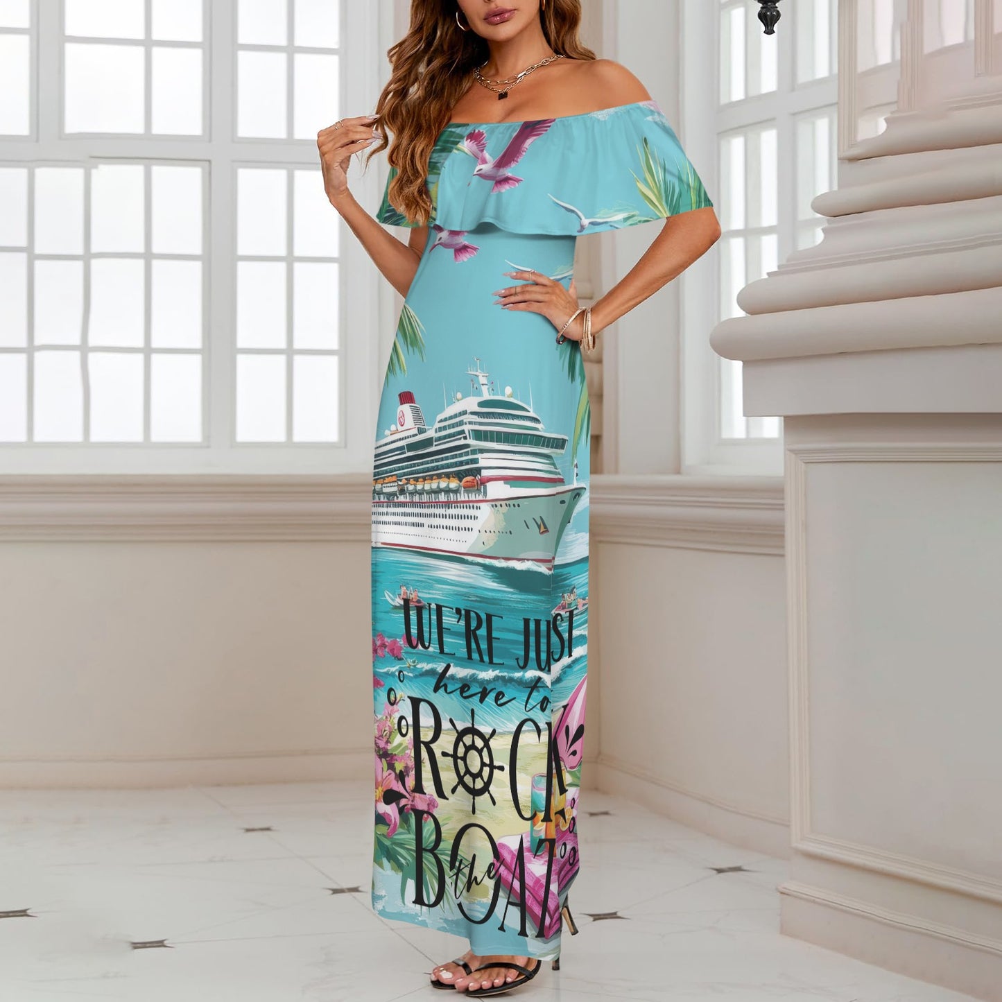 rock the boat Women's Off Shoulder Ruffle Boat Neck Dress (Model D71)