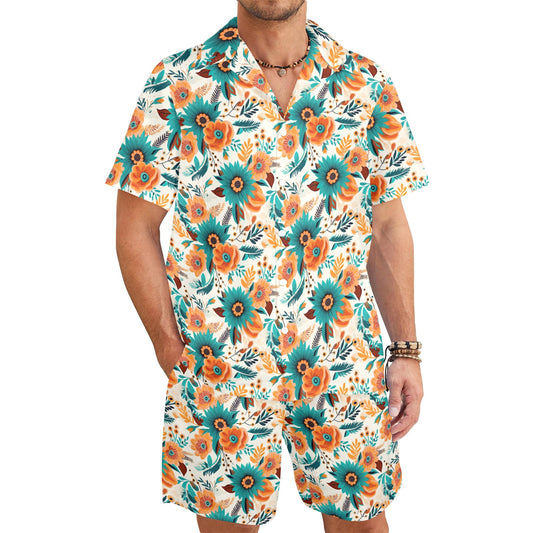 Men's Shirt & Shorts Set Retro Boho Flowers Men's Shirt and Shorts Outfit (Set26)