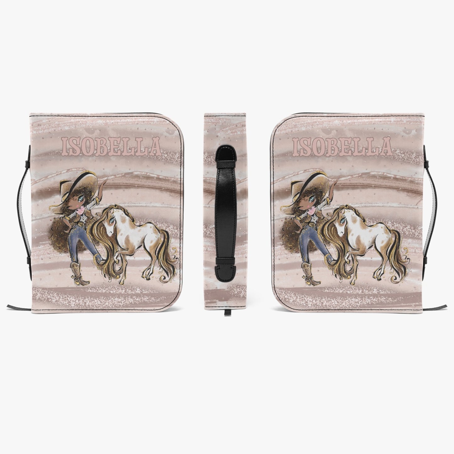 Book/Bible Cover, Howdy, Cowgirl and Horse, Brunette Curly Hair, Blue Eyes