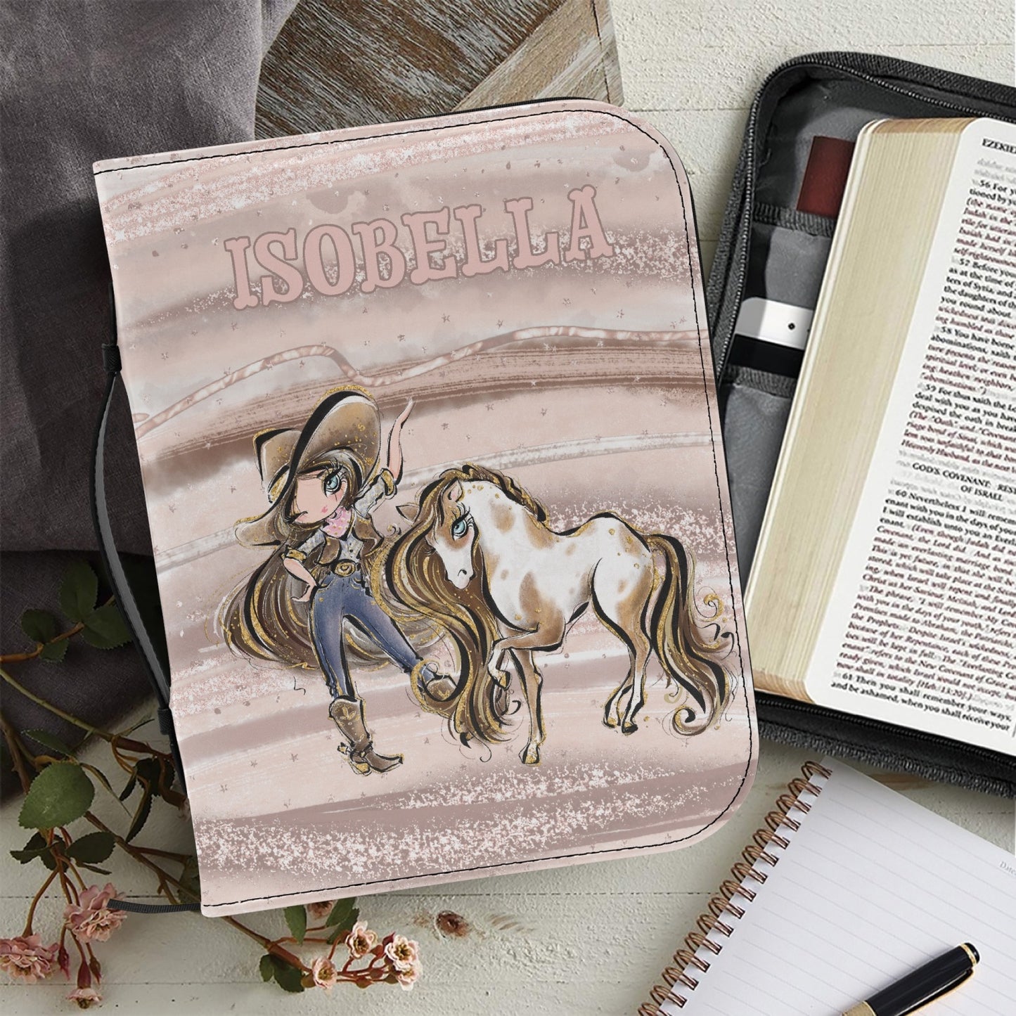 Book/Bible Cover, Howdy, Cowgirl and Horse, Brunette Hair, Blue Eyes