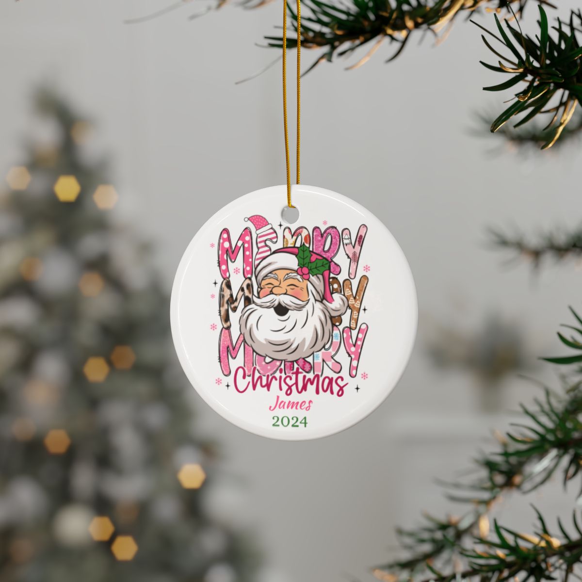 Custom Christmas Ornament, Pink Ceramic Ornament, Personalized Holiday Décor, Santa Design, Gift for Family, Christmas Gift