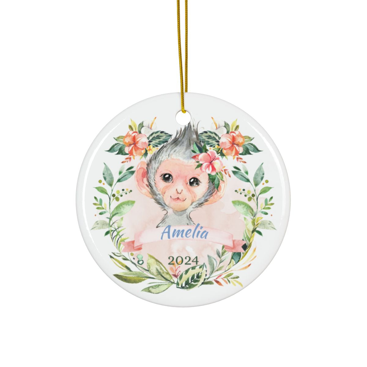 Personalized Monkey Ornament, Cute Animal Ceramic Keepsake, Baby's First Christmas Gift, Nursery Decor, Custom Name Decoration