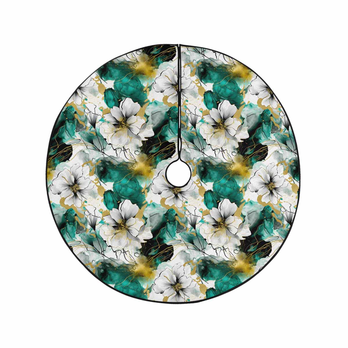 Green and White Ink Floral  Christmas Tree Skirt