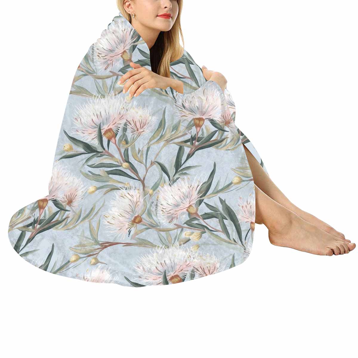 Australian Floral Blue  Circular Micro Fleece Blanket 60"