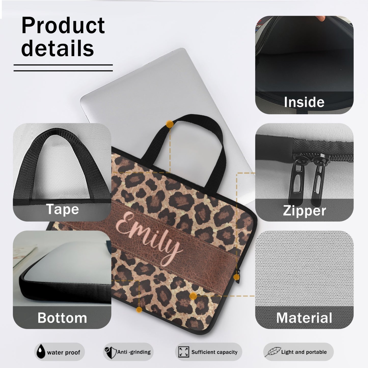 Laptop Sleeve with handles - Leopard Print - Personalised