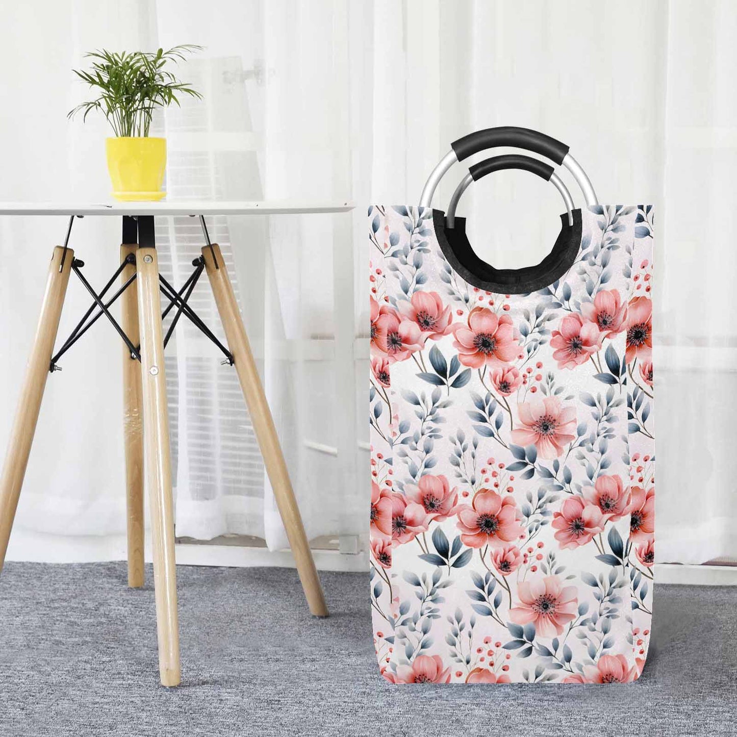 Apricot and Grey Floral  Square Laundry Basket