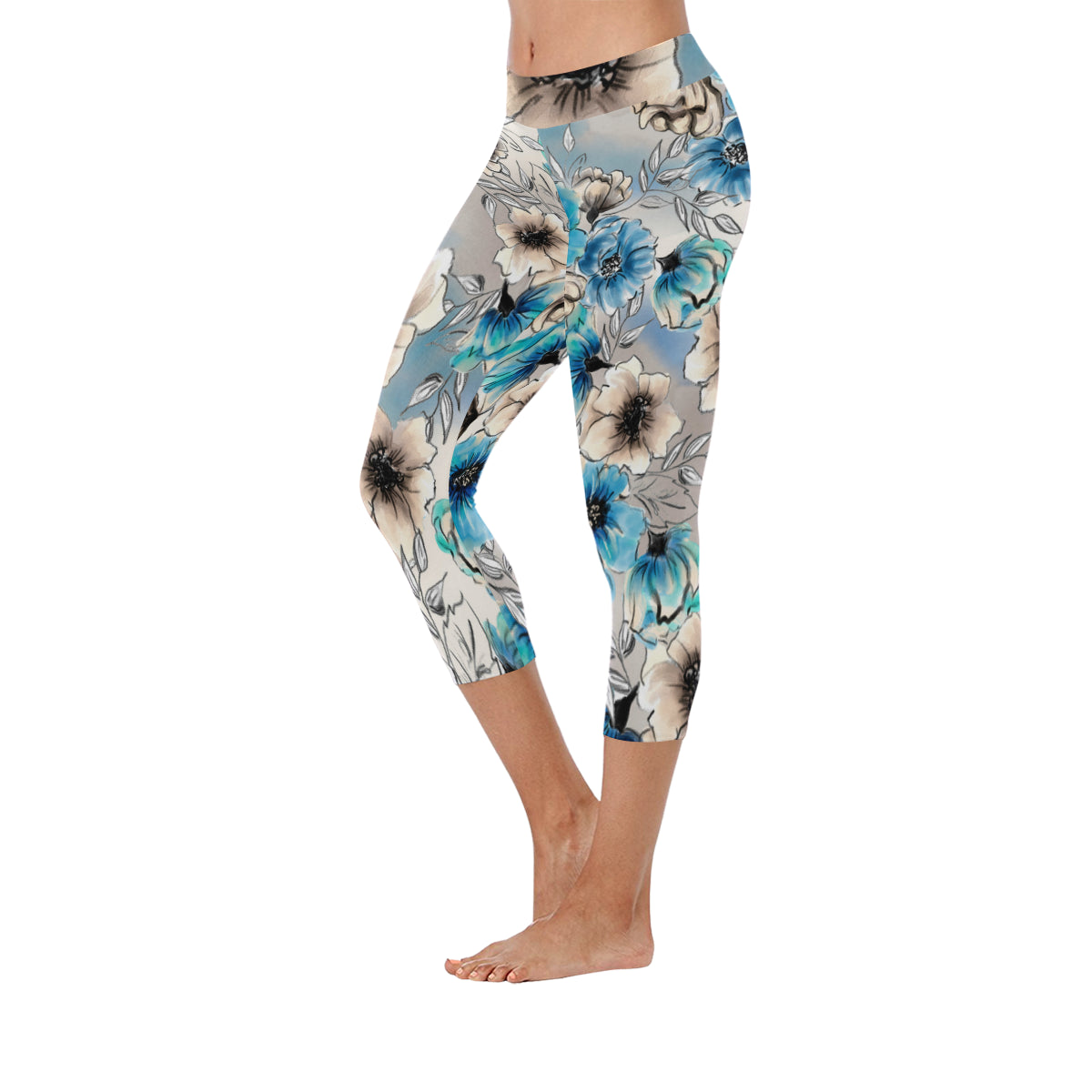 Watercolor Flower Women's Low Rise Capri Leggings (Invisible Stitch)