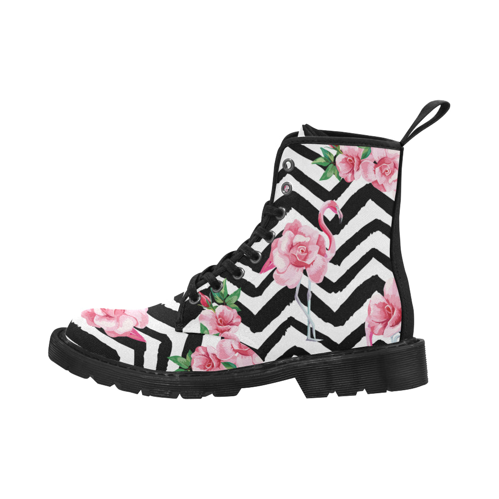 Martin Boots for Women beautiful tropic pink flamingo and rose flowers (Black)