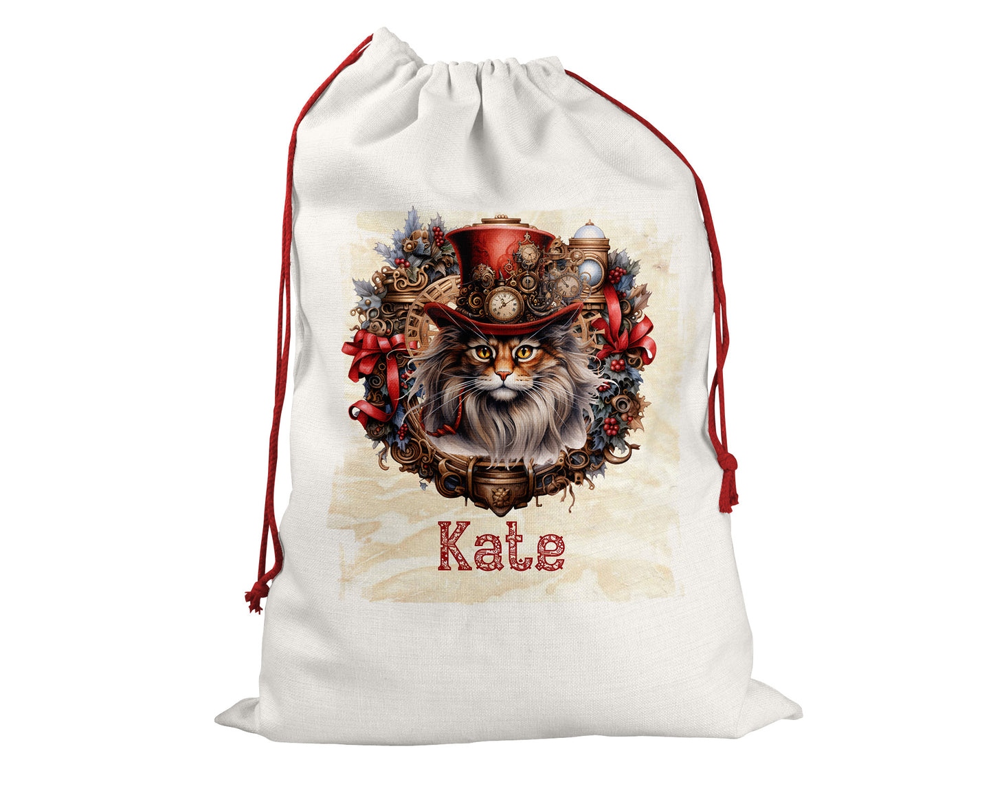 Steampunk Personalised Santa Sack, Cat, Linen Bag