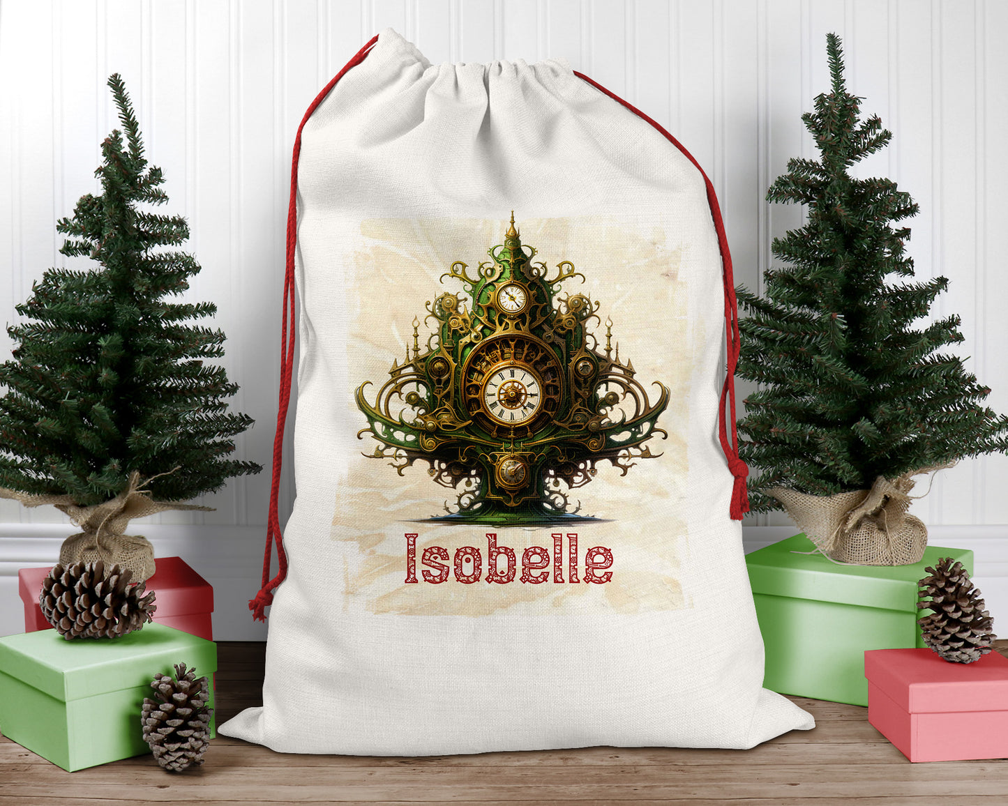 Steampunk Personalised Santa Sack Tree, Linen Bag