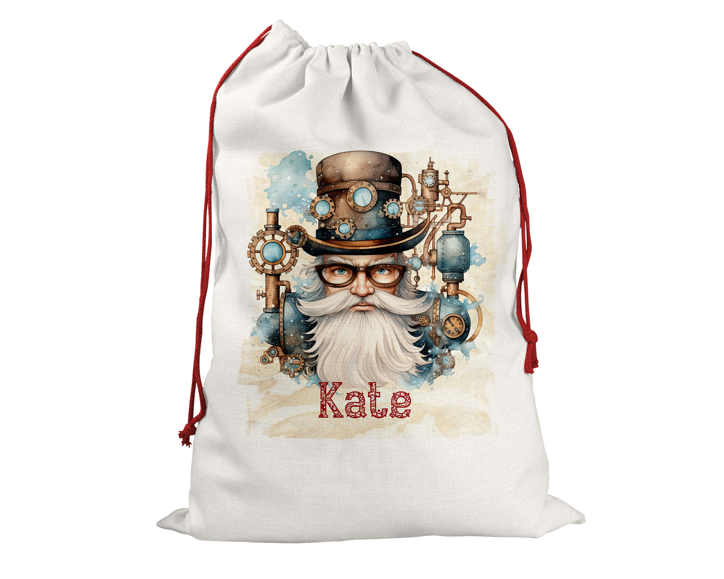 Steampunk Personalised Santa Sack, Blue Santa Linen Bag