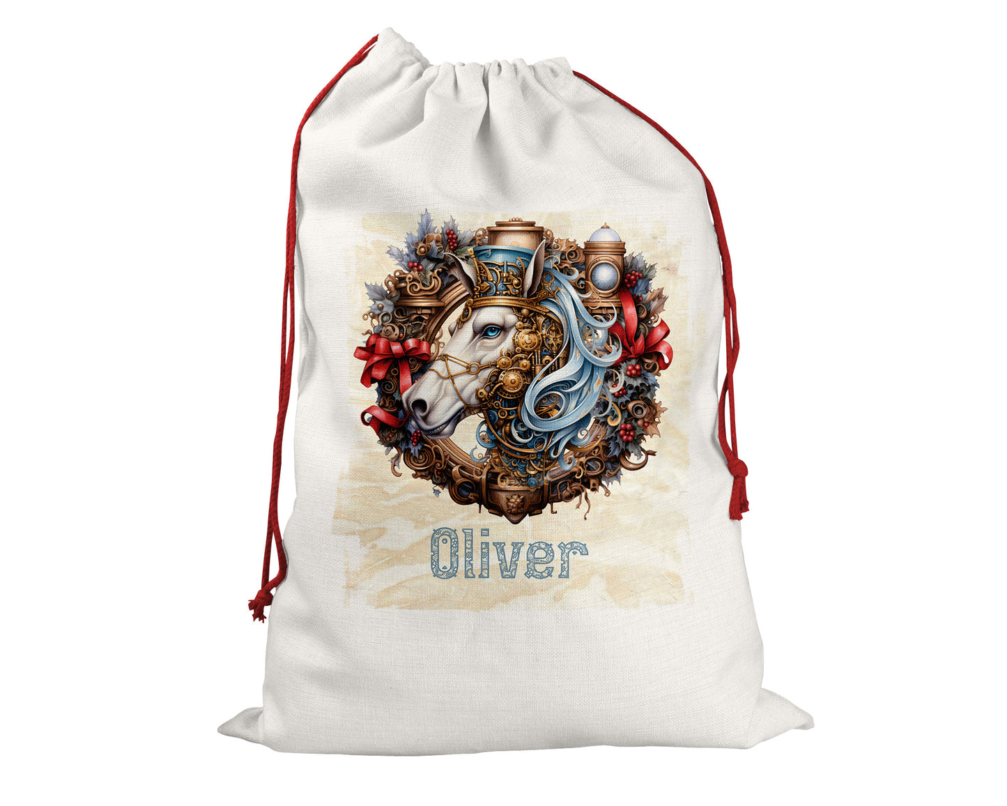 Steampunk Personalised Santa Sack, Horse, Linen Bag