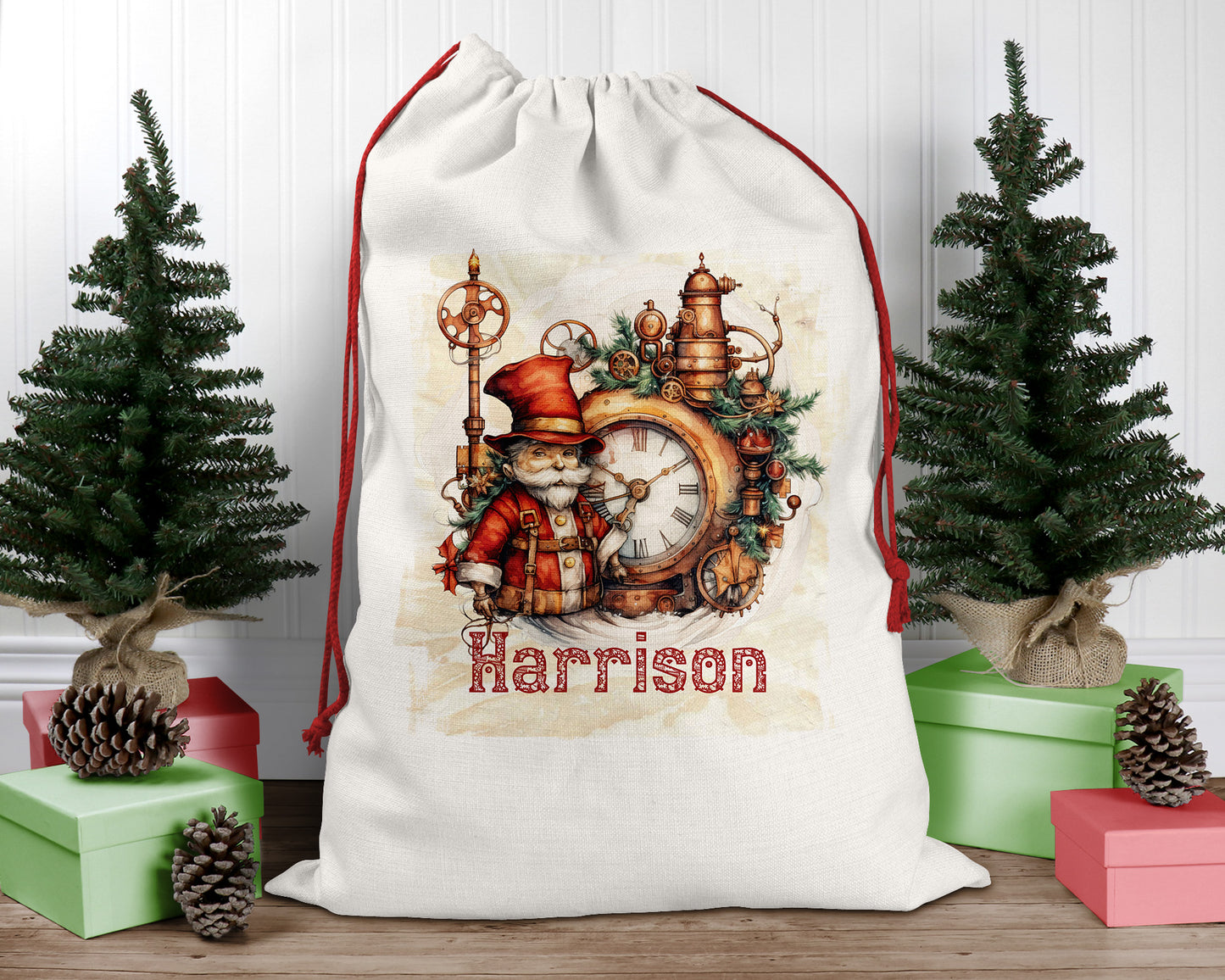 Steampunk Personalised Santa Sack Clock, Linen Bag