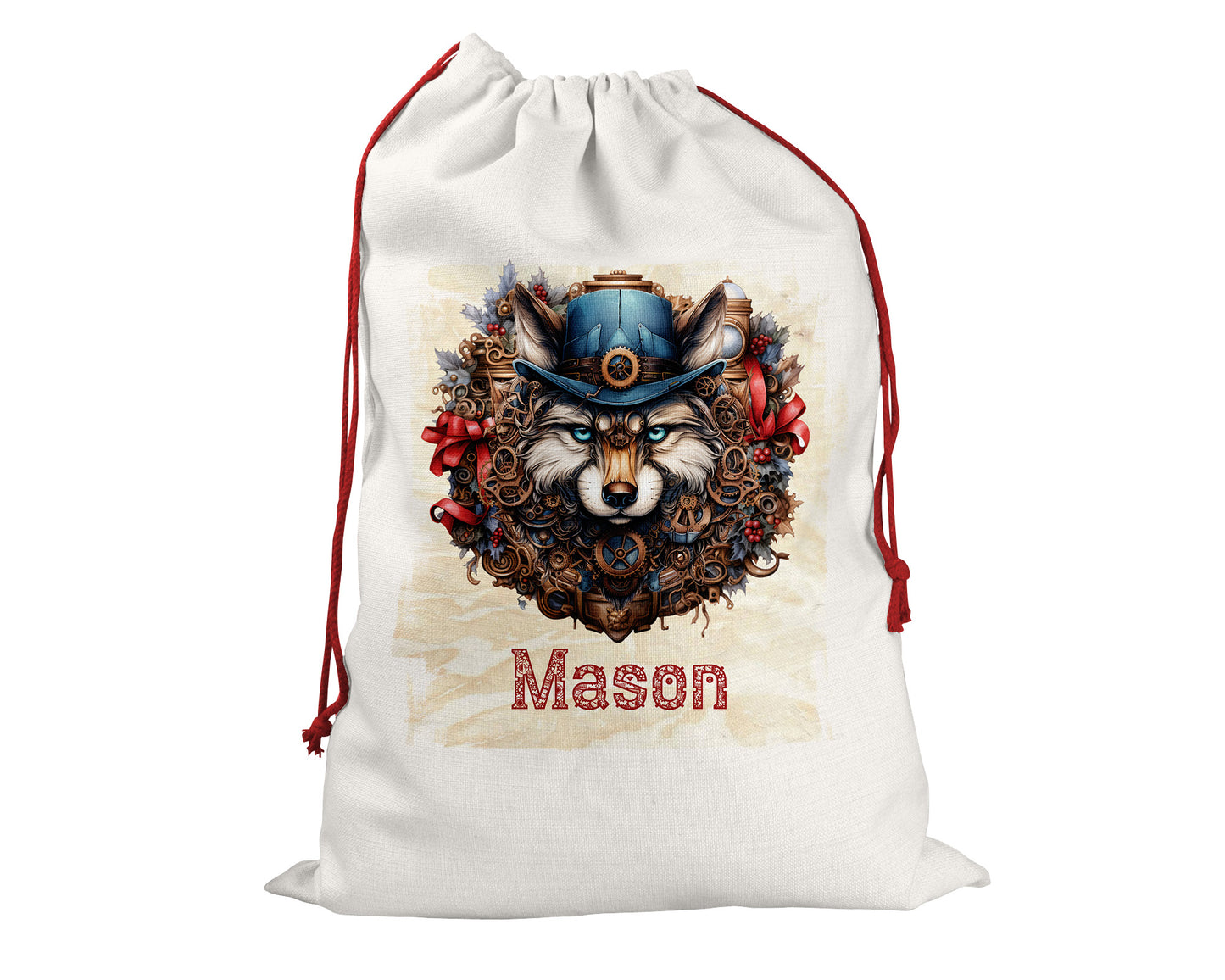 Steampunk Personalised Santa Sack, Wolf, Linen Bag