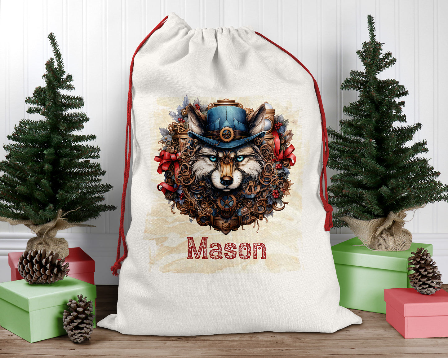 Steampunk Personalised Santa Sack, Wolf, Linen Bag