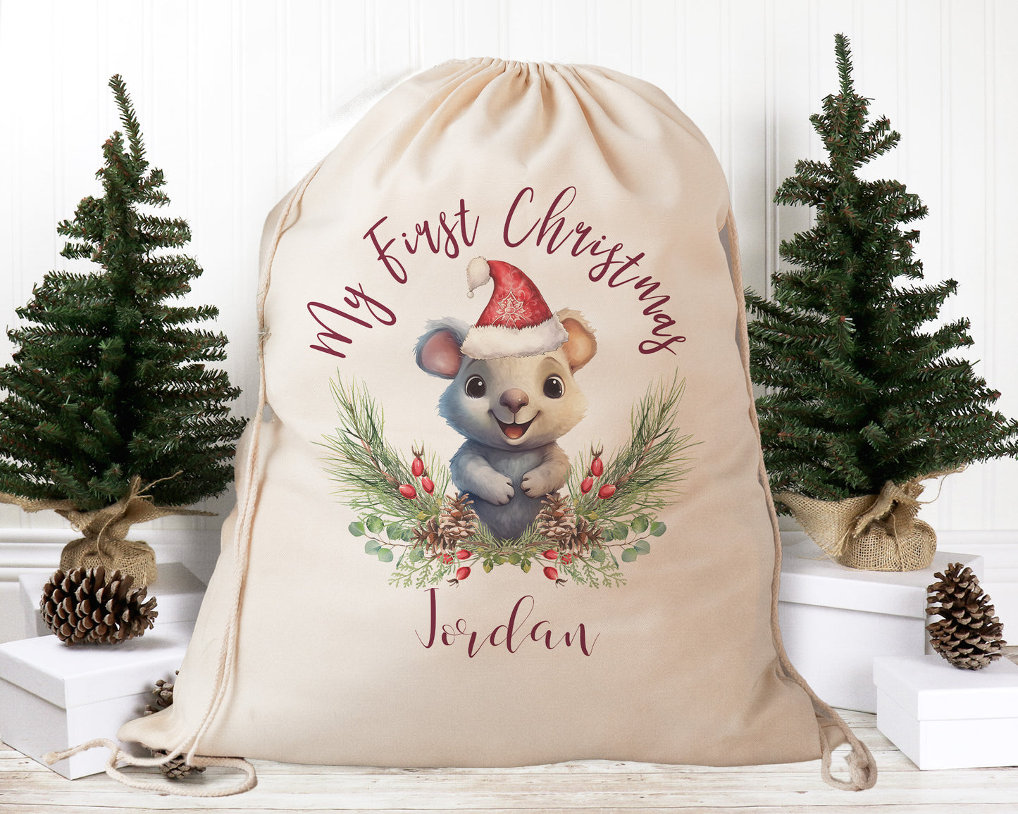 Personalised Santa Sack Australian Animals Eucalyptus Leaves, Our Largest Size