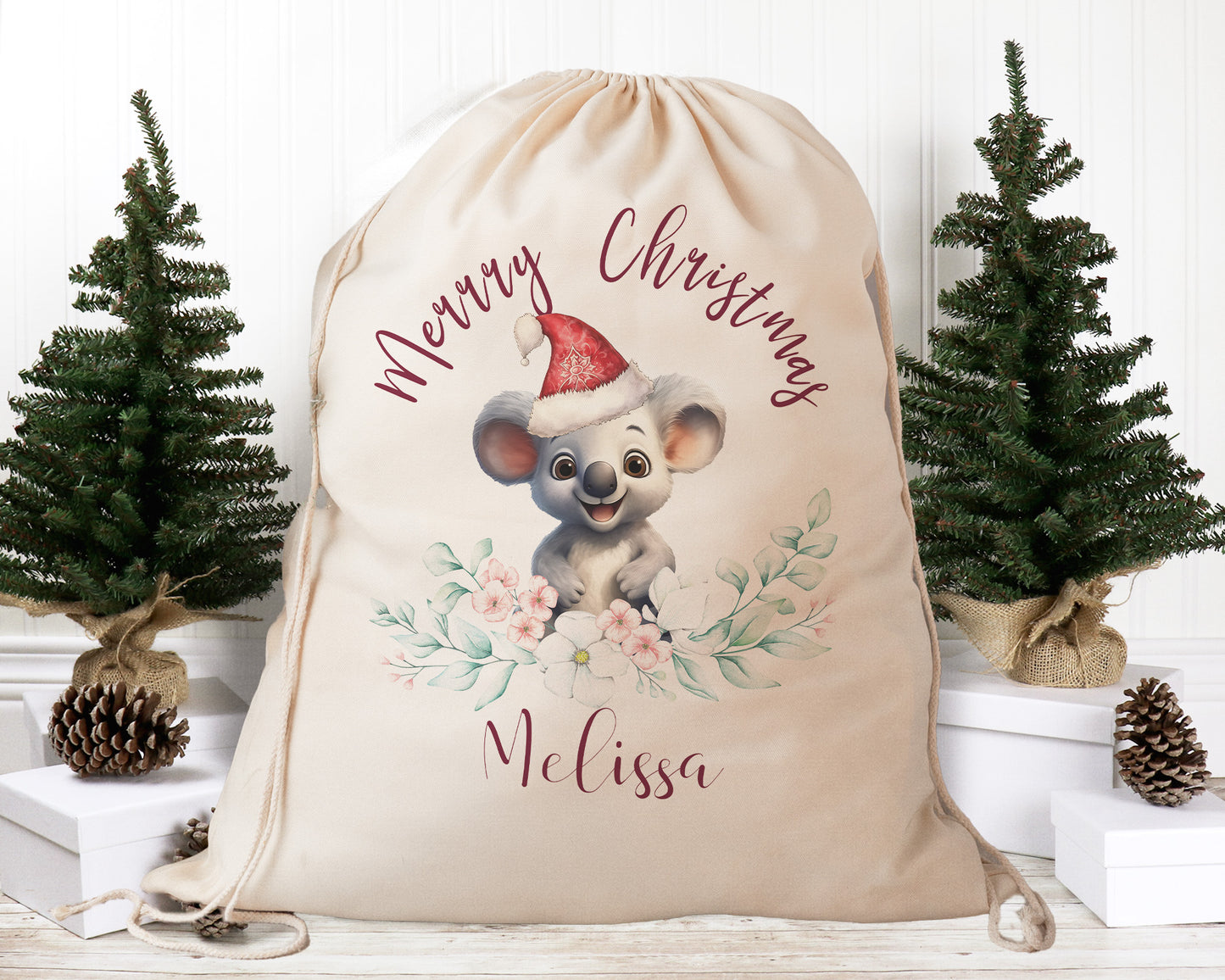 Personalised Santa Sack Australian Animals Eucalyptus Leaves, Our Largest Size