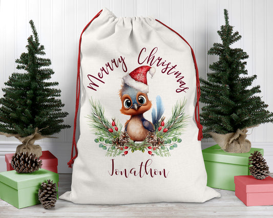 Personalised Santa Sack, Lyrebird, Poinsettia Leaves Linen Bag